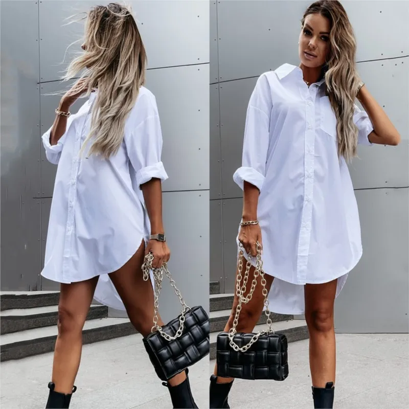 Elegant Women's White Blouse Casual Top Spring/Summer 2024 Basic Loose Fit Long Sleeve V-Neck Button Long Khaki OL Shirt Y2K