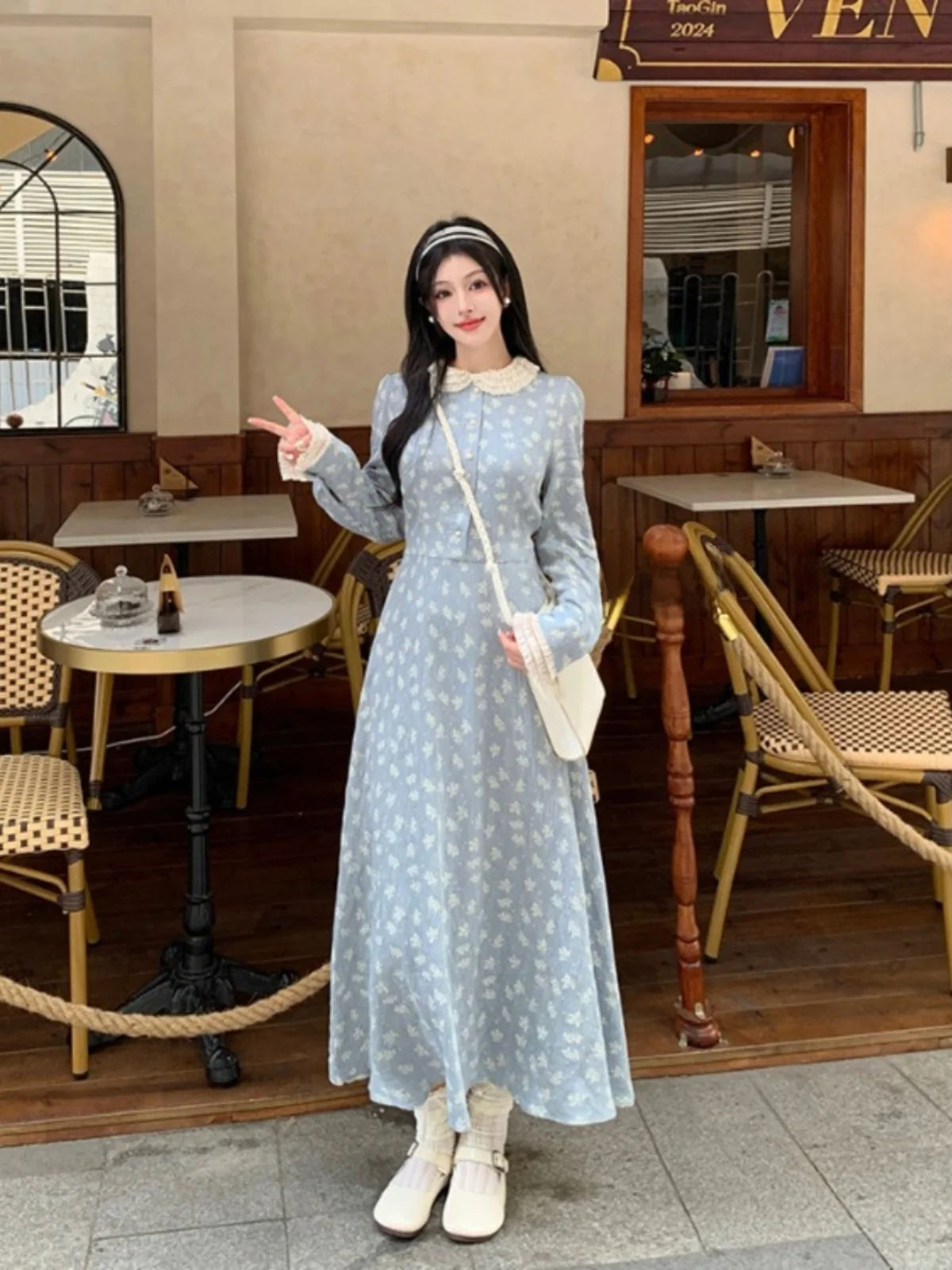 

Новое женское осеннее платье большого размера с цветочным принтом, А-силуэт, длинное, с кружевным воротником, на пуговицах, с завязками на талии, для повседневной носки