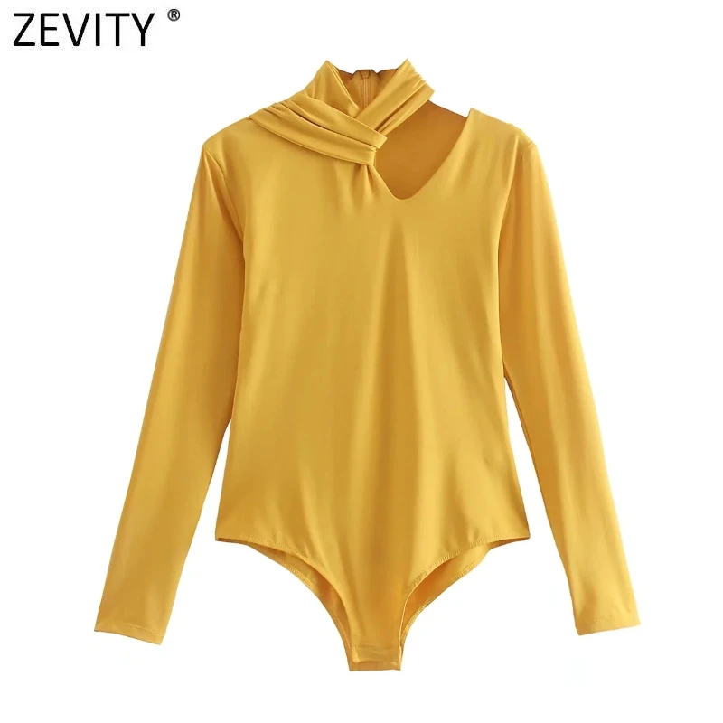 Zevity Women Sexy Candy Colors Hollow Out Design Knotted Bodysuits Office Ladies Casual Slim Siamese Chic Zipper Romper LS97981