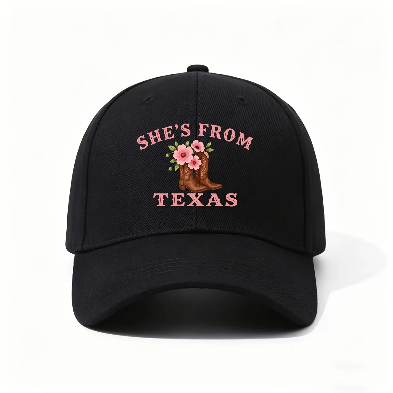 Бейсболка с принтом SHE'S FROM TEXAS, на котором изображены розовые надписи на коричневых ковбойских ботинках и цветы, очаровательный дизайн в западном стиле.