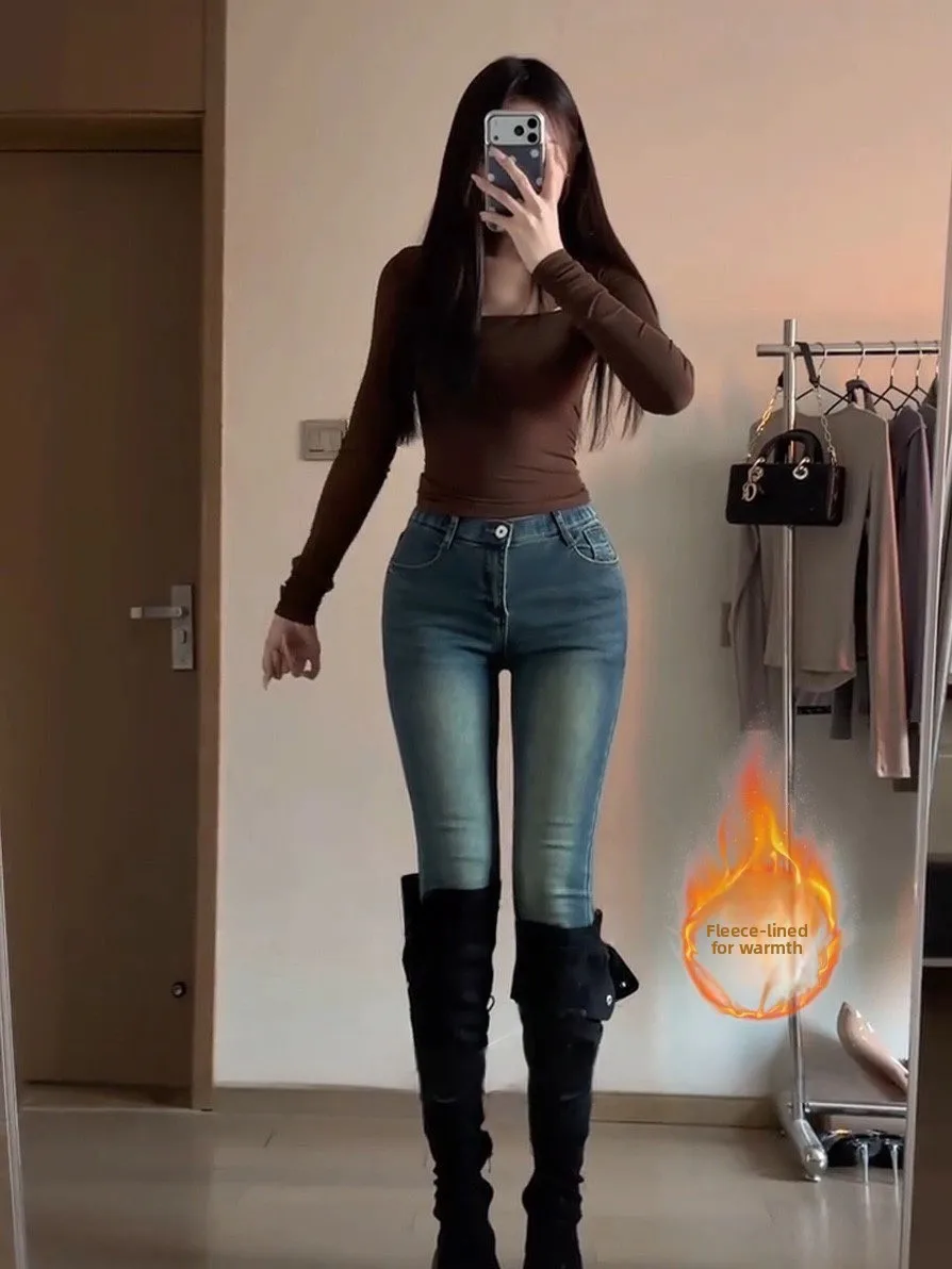 

Retro High Waist Fce Lined Skinny Jeans Women's Autumn Winter Slimming Sexy Denim Pants Cotton Stretch Fabric Warmth Feature