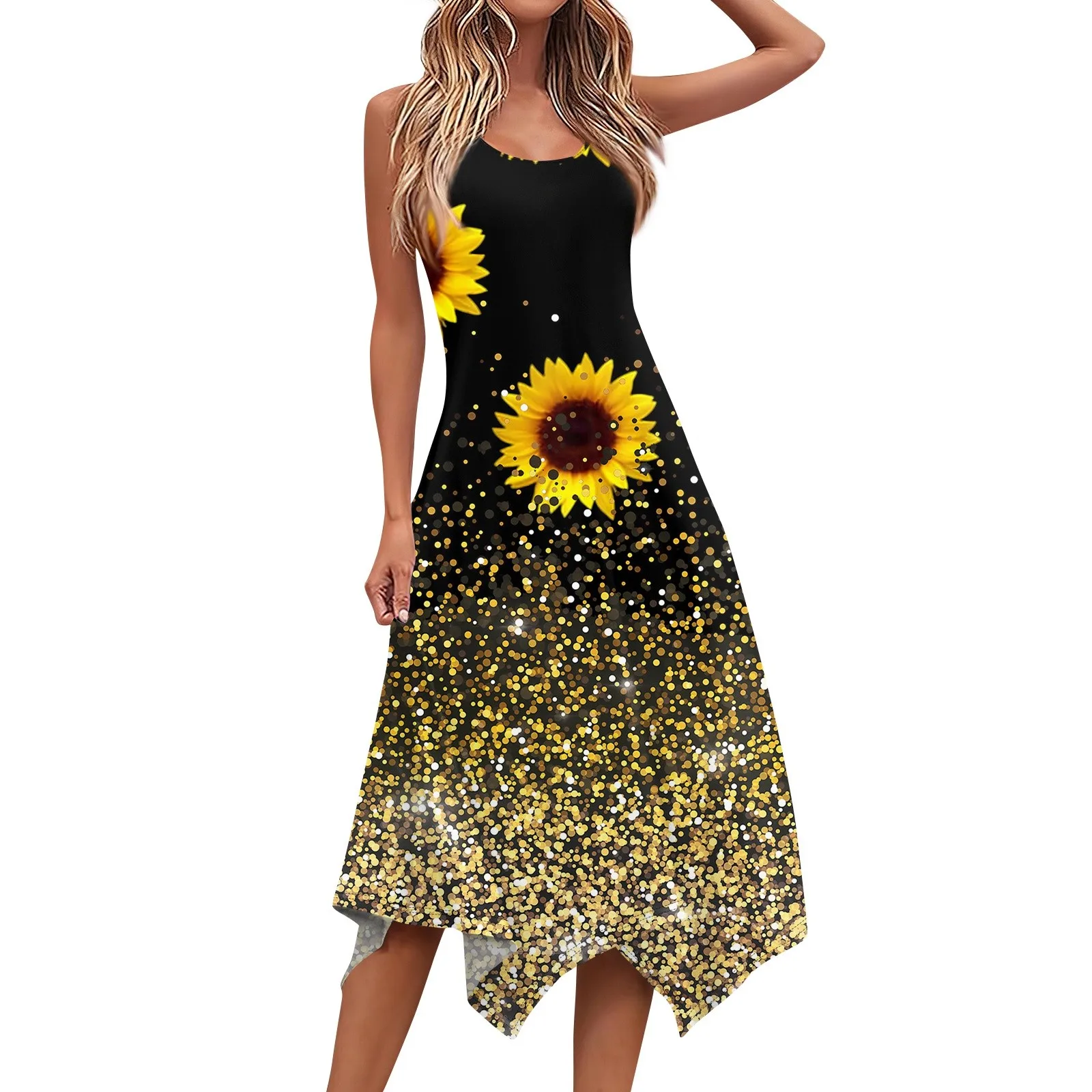 Women\'s Sunflower print dresses Casual Fashion sundress Round Neck Sleeveless long dresses Irregular Hem vestidos midi elbise