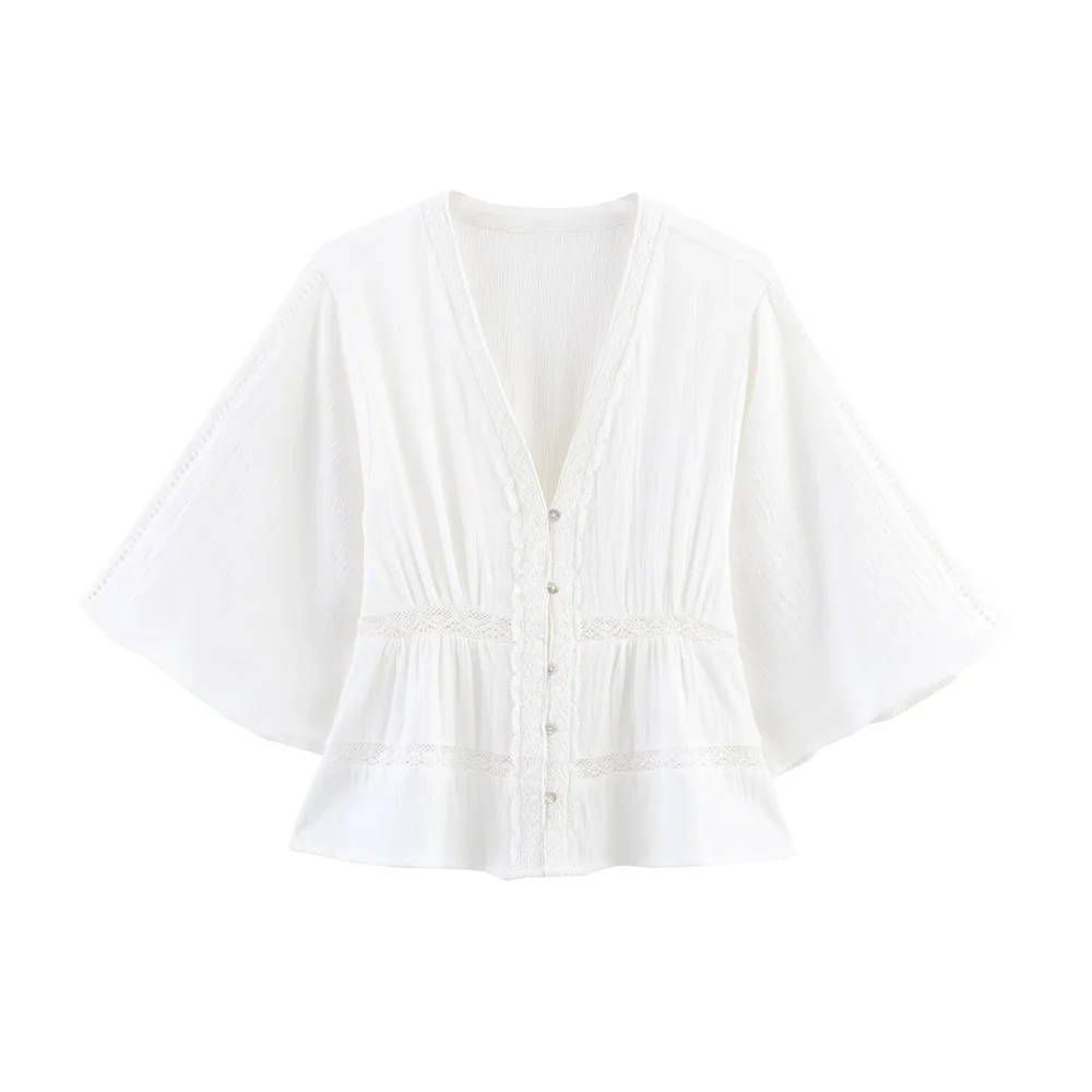 

ZARF Women's Vertical Lace Decoration Shirt V-neck Buckle Decoration Spring/Summer New Product Casual Women's Wear