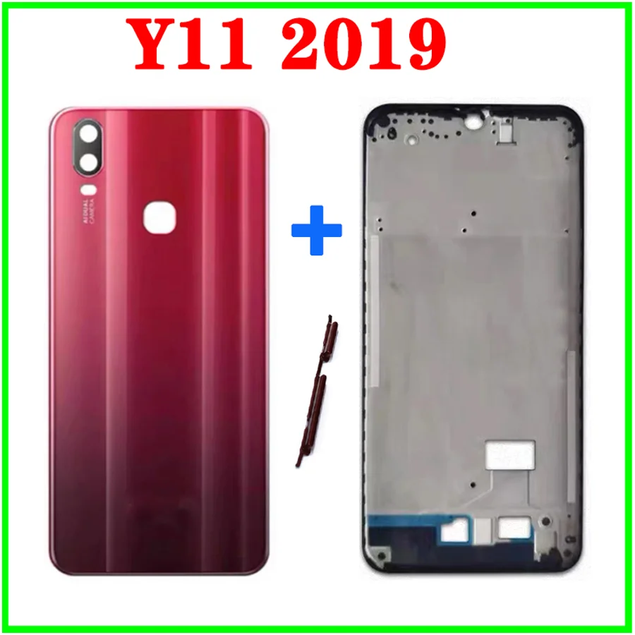 Middle Frame Bezel For Vivo Y11 (2019) Back Battery Cover Door Housing Case Rear Glass with Main Camera Glass Out Button