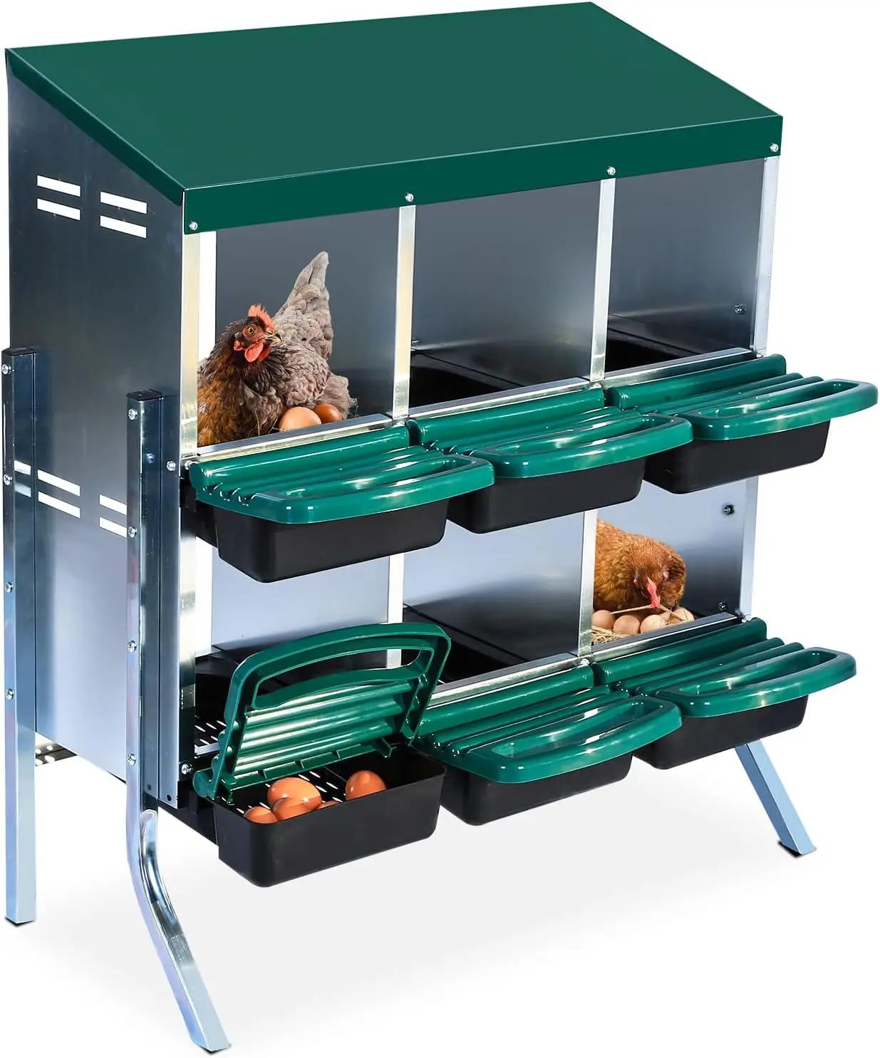 6-Hole Galvanized Metal Chicken Nesting Box with Legs, Removable Lid & Roll-Away Egg Collection System, Easy Installation & Egg Collection, Ventilation Holes, for Chicken Coops & Hens