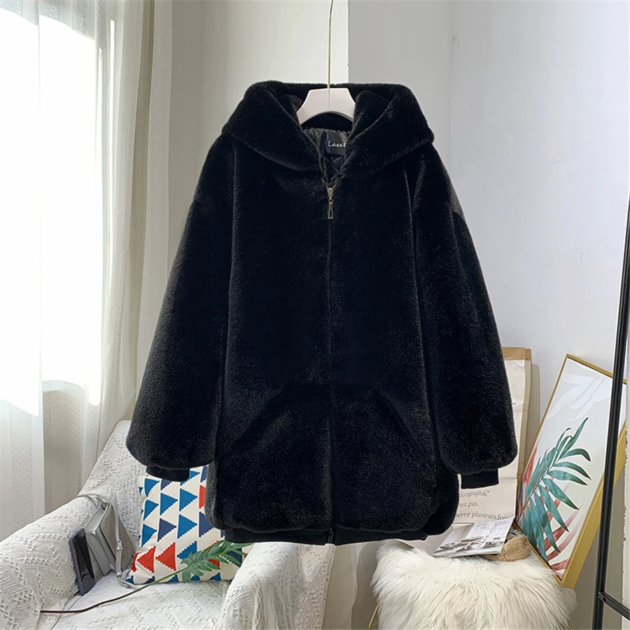 Women Warm Thick Overcoat Plush Outwear Top Pink Elegant Fashion Korean Jackets Winter Mid-length Faux Rabbit Fur Hooded Coat