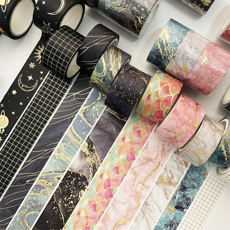Imagem -02 - Starry Sky Wave Plaid Masking Gold Foil Washi Tape Cute Art Craft Etiqueta Adesiva Faça Você Mesmo Scrapbooking Etiqueta de Mascaramento Pcs Set