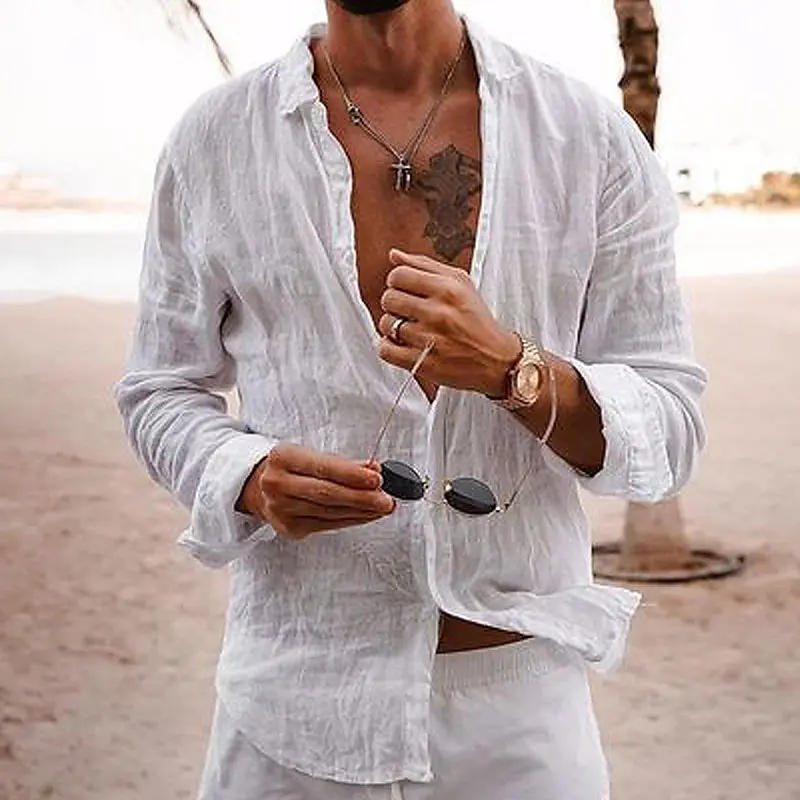 Camisa de algodón y lino con solapa para hombre, camisa de manga larga de playa, ropa de vacaciones de color sólido, primavera y verano, novedad de