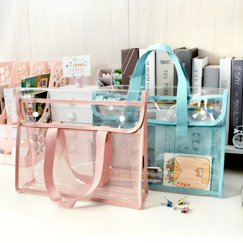 Large Transparent Mesh Storage Bag, Portable Organizer for Stationery Makeup Toys, 33x26x9cm with Top Handle, 1pc Blue Pouch
