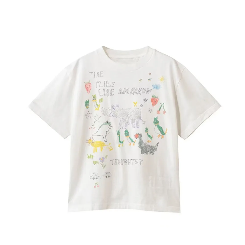 26SS MMY Cartoon Printed Loose Graffiti Hand-painted Top with Design Sense Short Sleeved T-shirt for Men