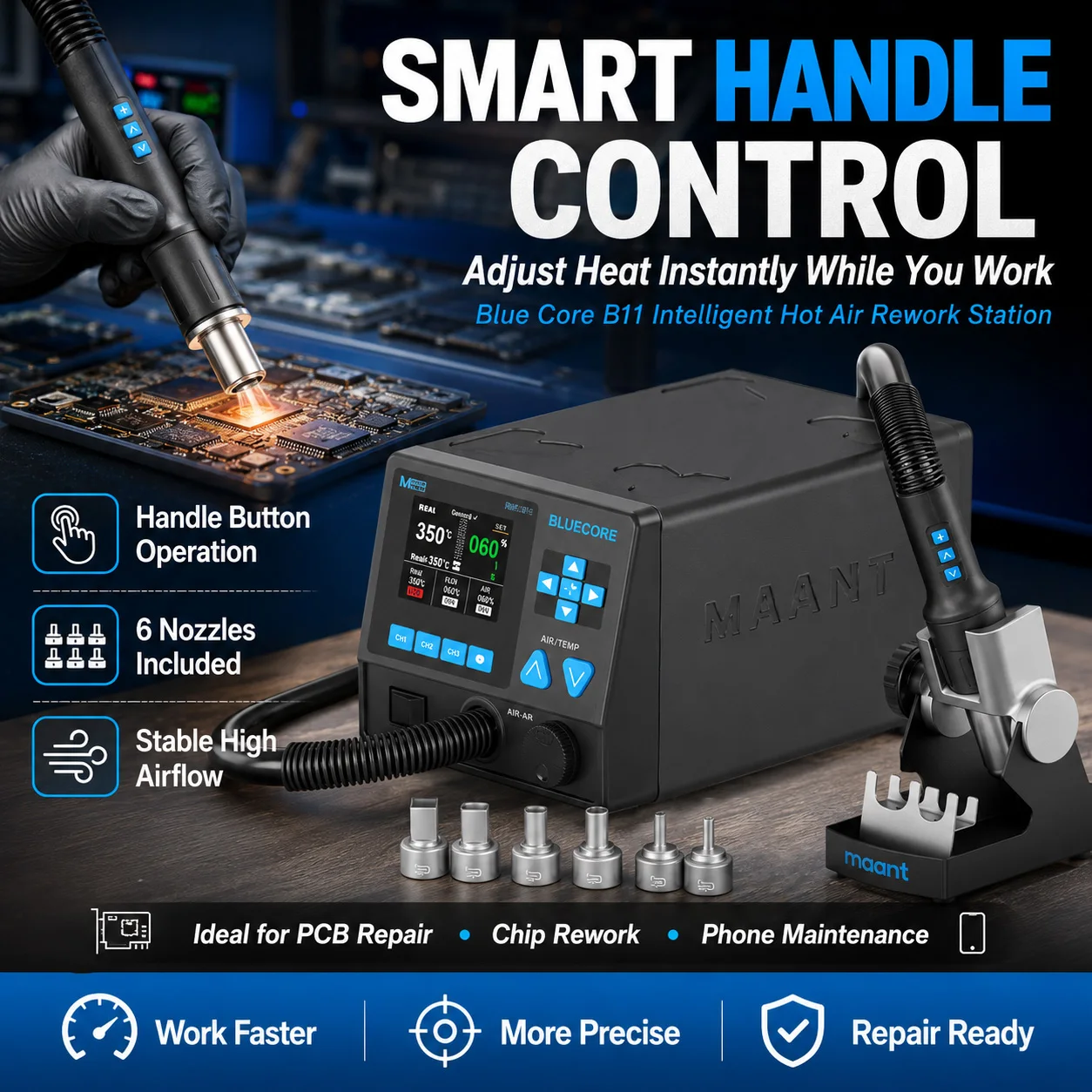 MaAnt Blue Core B11 Intelligent Hot Air Gun 1000W High Power Desoldering Station for Phone PCB Repair Welding Work Tools