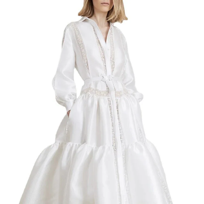 Women White Lace-up Shirt Dresses Satin Lapel Button Pleated Ruffle Hem Midi Dress Elegant Lace Patchwork Long Dresses Spring