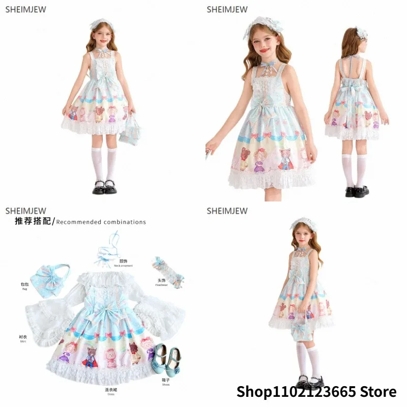 2026 Sommer Hawaiianisches Enfant Lolita Kostüm Niedliches Bärenkleid Cosplay Blaues Lolita Prinzessinnenkleid Niña Trägerkleid mit Spitze