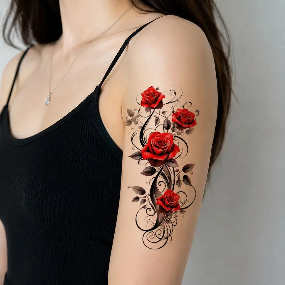 Flower Temporary Tattoo Sticker Waterproof Realistic Design Body Art Sticker Red Rose Long Lasting Instant Decals Shoulders