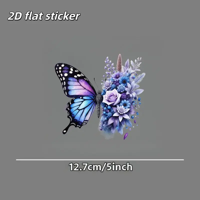 1Pc 2D Flat Dreamy Butterfly & Flowers Vinyl Sticker, Waterproof Durable Decal for Car Window & Body