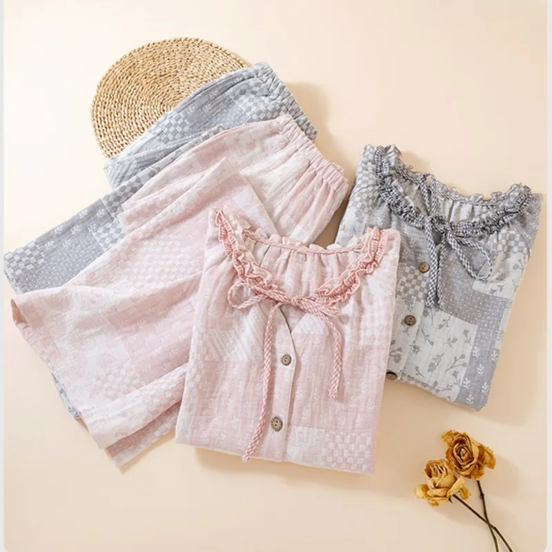 

Cottagecore романтический пижамный комплект женский мягкий хлопко-марлевый комплект с рюшами на шее домашняя одежда милая лоскутная одежда для сна с принтом костюм из двух предметов