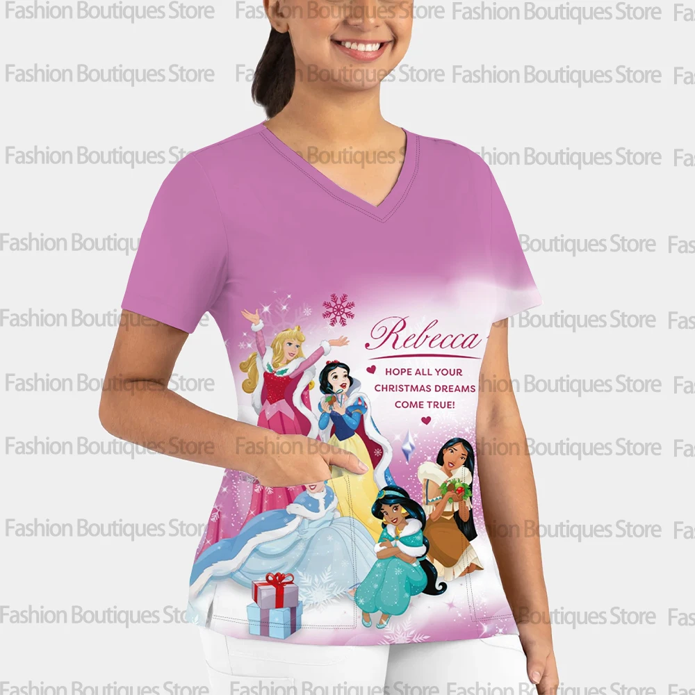 ثوب جراحي جديد بجيب على شكل حرف V للنساء، زي بأكمام قصيرة، زي طبي غير رسمي، عصري، طباعة أميرة عيد الميلاد.