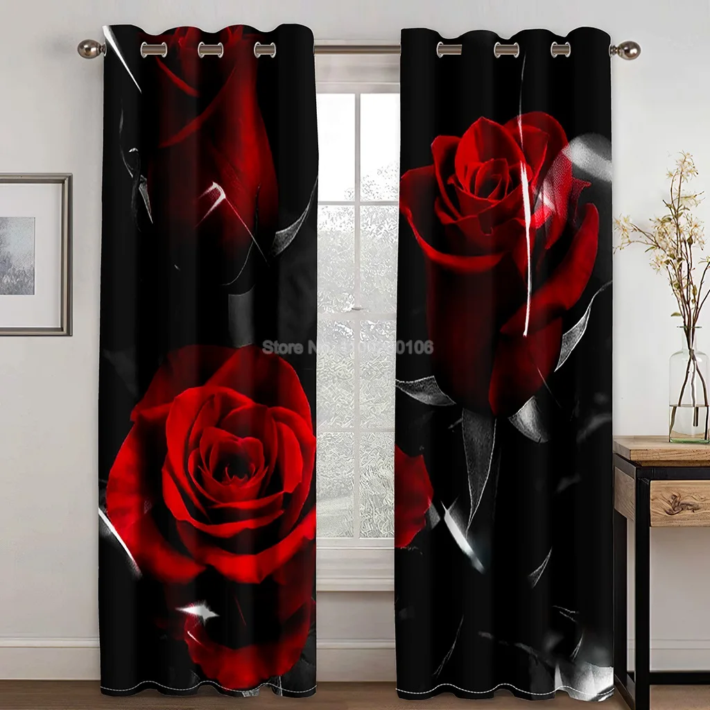 Red Rose Flower Diamond Gold 3D Design Luxury  Thick Blackout Curtains for Living Room Bedroom Home Decor Hooks or Rings Top