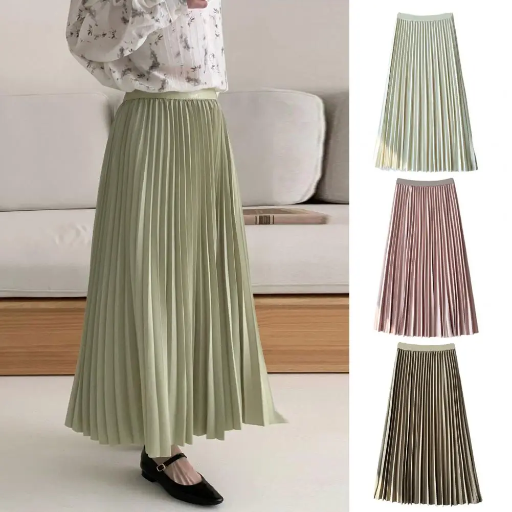 High-waisted Midi Skirt Elastic High Waist Pleated Skirt for Women Solid Color A-line Midi Skirt Casual Loose Fit Mid-length