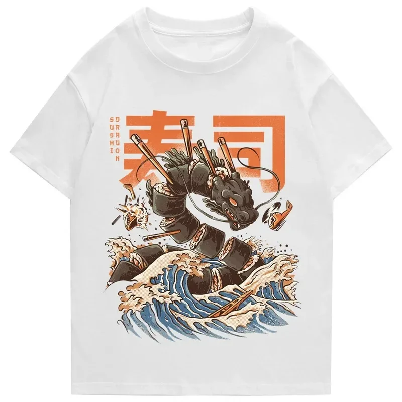 Japanese Kanji Dragon Sushi Print T-Shirt Hip Hop Men's Street Tshirt Harajuku Cotton Casual Summer Short Sleeve Tee-Shirt