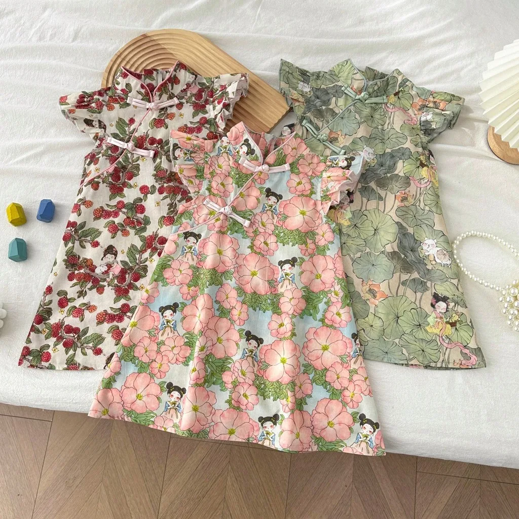 Summer New Chinese Style Floral Printed Cheongsam Elegant for Girls Aged 2-7 Wearing Casual Dresses