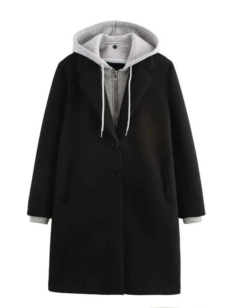 Women's Contrasting With Removable Hood Loose Long Sleeves Single-Breasted Faux-Pocket Outerwears Fall Winter New Coat