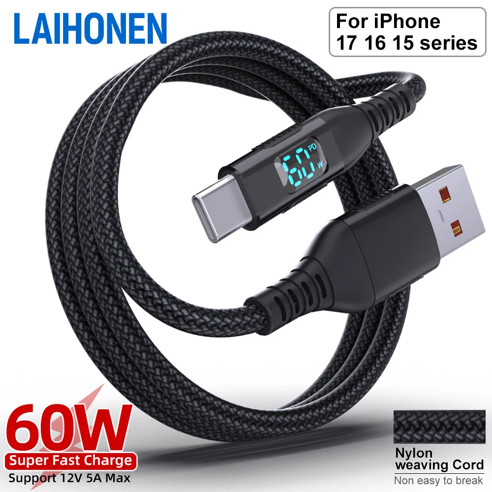 LAIHONEN USB A auf Typ C Nylon-Geflechtkabel mit LED-Anzeige, 3A Schnellladung, Datensynchronisationskabel 1/2/3M für iPhone 16 15 iPad MacBook