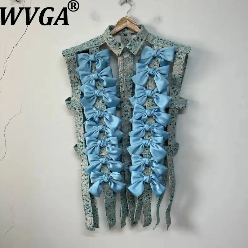 

WVGA Spring Autumn New Man Bow-tie Striped Deconstructed Hollow Out Design Trendy Long Sleeve Shirt Niche Chic Casual Top W22895