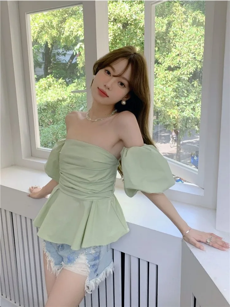 Blouses Women Slash Neck Off-shoulder Hotsweet Cute Puff Sleeve Fashion French Style Summer Lovely Casual Girl Slim Blusas Mujer