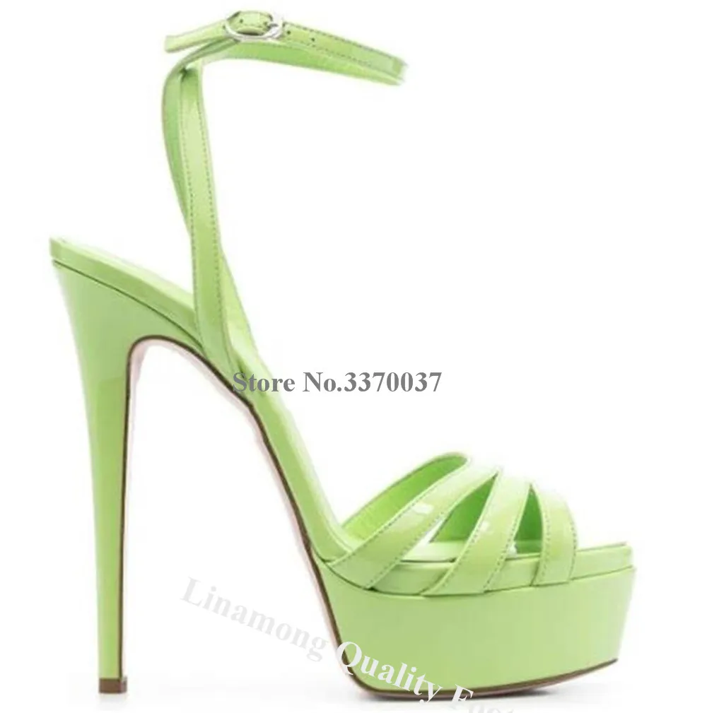 Linamong Sexy Straps Cross High Platform Stiletto Heel Sandals Peep Toe Green Yellow Pink Patent Leather Thin Heel Dress Shoes