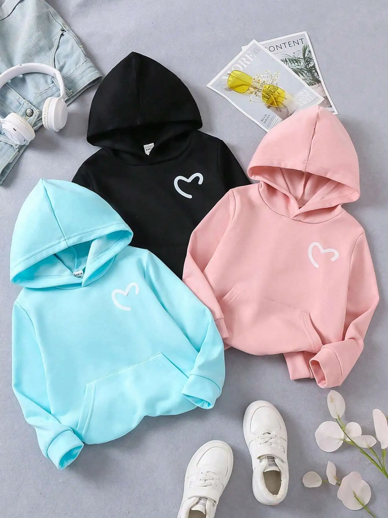

3-Pack Kids Hooded Sweatshirts in Pastel & Black, Minimalist Heart Print, Soft Cotton Blend