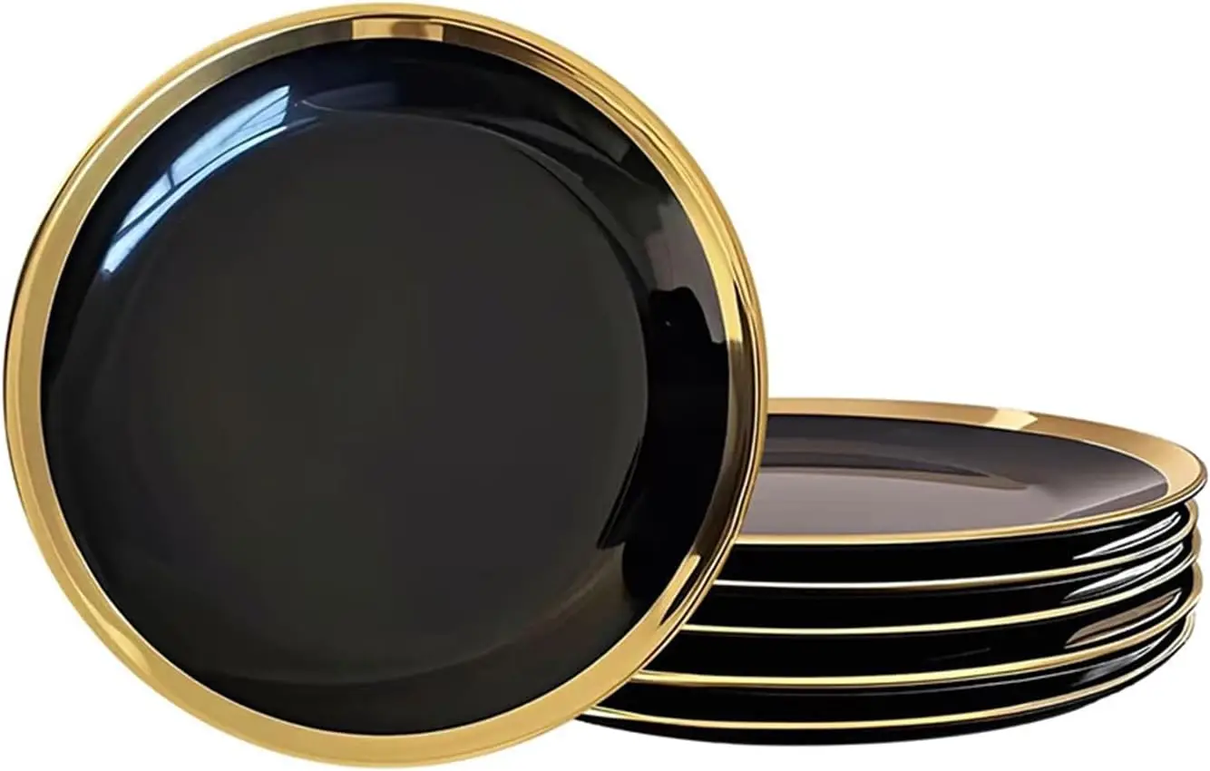 

10 Inch Black Dinner Plates with Gold Rim - Elegant Ceramic Appetizer Plates for Wedding & Party, Set of 6