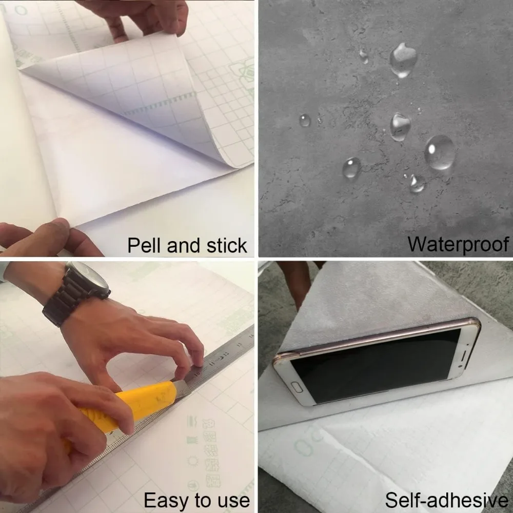 ورق جدران أسمنتي واسع جدًا من الخرسانة قابل للتقشير واللصق بلمسة نهائية غير لامعة ورق اتصال على سطح الطاولة باللون الرمادي الداكن مقاس 31.5 × 394 بوصة ثي