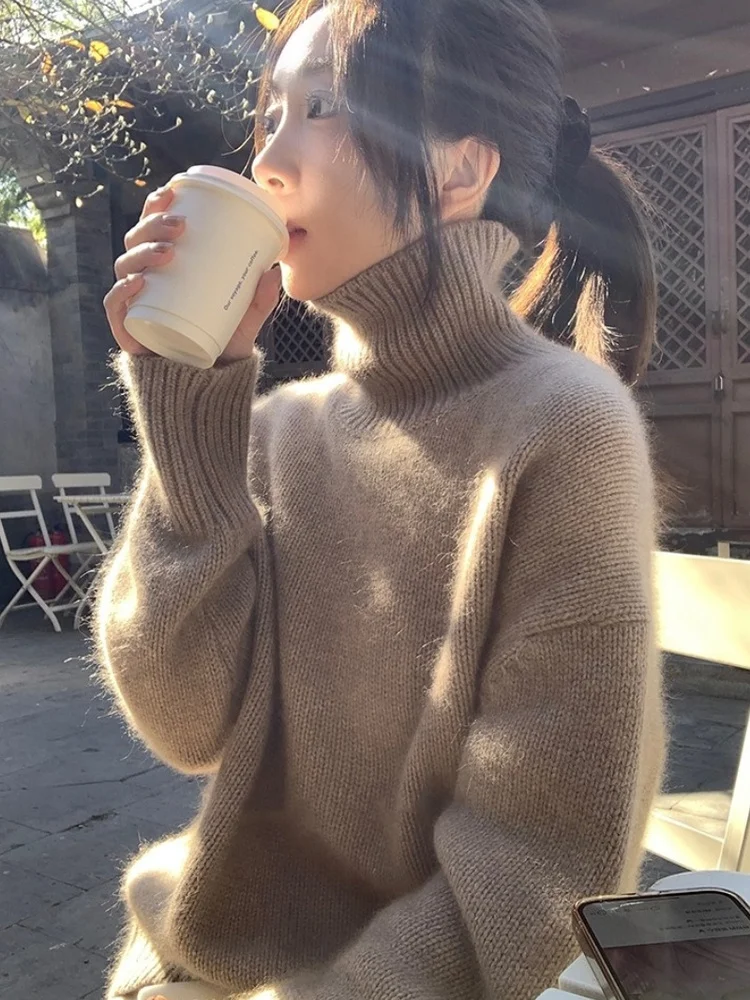 Goat cashmere sweater female 100% pure cashmere turtle neck autumn and winter new loose lazy wind thickened knitting.