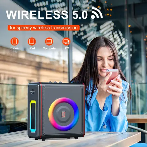 Jyx Ms75 성인용 Kara Ok(무선 마이크 2개 포함), 휴대용 Bluetooth 5.3 Kara Ok 스피커, 업그레이드된 서브우퍼, 에코 조정 기능이 있는 Pa 시스템, Tws/Tf 카드/Usb/Aux/Live/Rec 지원