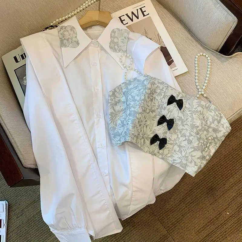 Luxury White Shirt Women Pearl Camisole Tops 2024 New Design Sense Niche Fashion Unique Casual Vintage All-match Two Piece Set