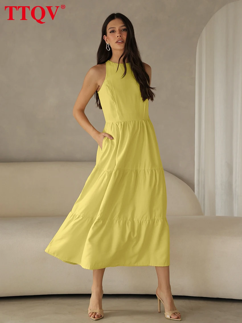 

TTQV Summer Loose Yellow Women's Dress 2026 fashion O-Neck Sleeveless Midi Dresses Elegant Classic Solid Female Dress Streetwear