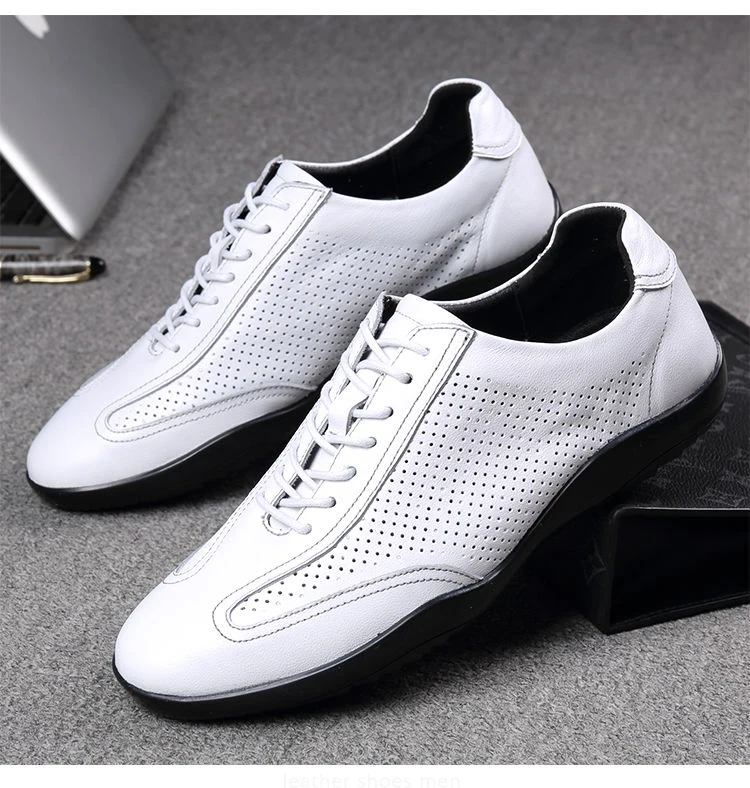 Genuine Leather Shoes Men Casual Luxury Sneaker Hollow Out Hole Summer Breathable Lightweight Flat Bean Shoe Elegant Driving