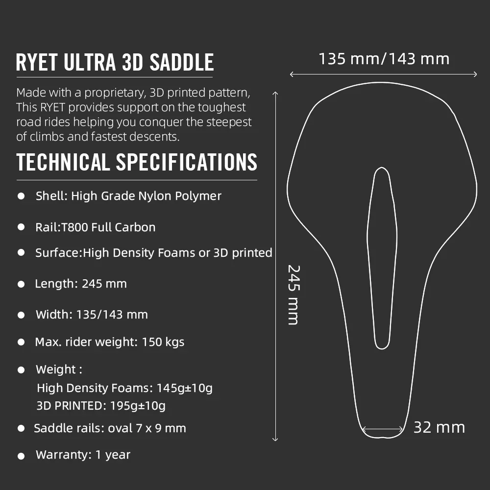 RYET 3D Printed Bike Saddle 245mm*135/143MM 145g 195g 7*9mm 3D Printed Bicycle Seat MTB Gravel Road Bicycle Saddle Bike Parts