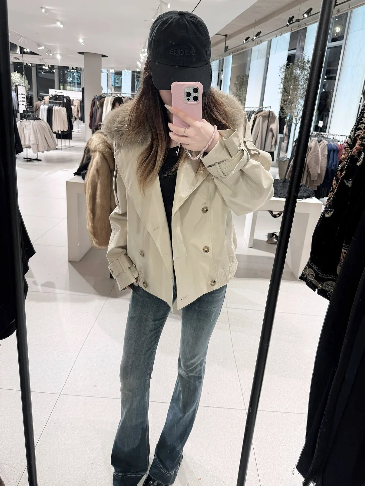 

Vintage Sle Faux Fur Collar Waist-Cinching ort Jaet Color Women's Outerwear Coat for Small Stature