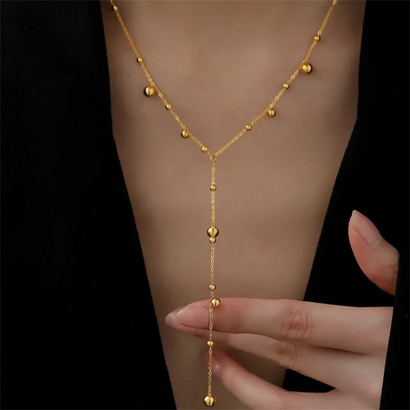 DIEYURO 316L Stainless Steel Gold Color Bead Balls Long Pendant Necklace For Women Girl Fashion Neck Chain Jewelry Holiday Gift