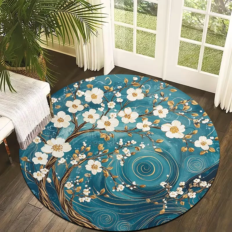 Cherry Blossom Round Rug Golden Branch Swirl Pattern Circular Area Rug Anti-Slip Elegant Oriental Decor for Bedroom