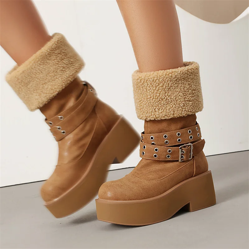 

YMECHIC/2021, осенне-зимние женские ботильоны на платформе с толстой меховой подошвой, теплые женские вечерние короткие ботильоны в стиле ретро, женская обувь с ремнями
