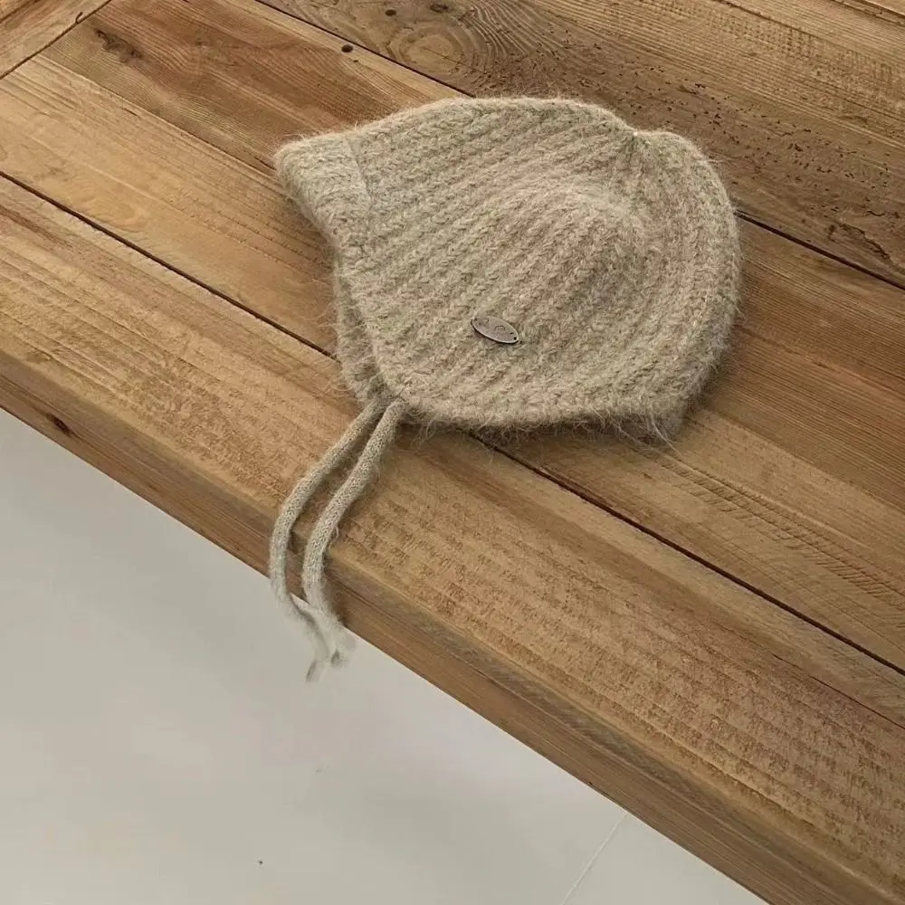 Fashion Korean Style Knitted Hat Rabbit Fur Woolen Beanie Hat Solid Color Cold Proof Knit Cap Girls