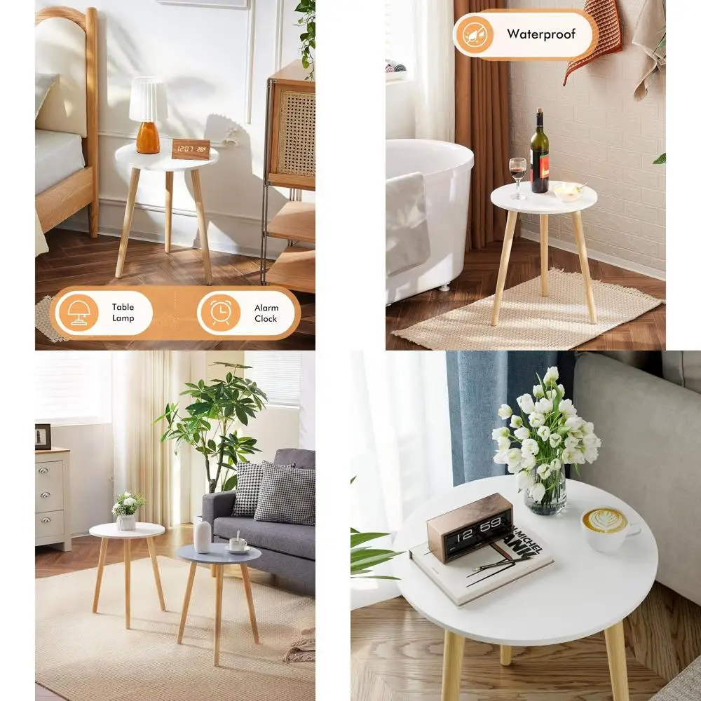 

Modern White Coffee Table Set for Living & Bedroom, 16.5 Side Tables with Natural Wood Legs, Ideal for Small Spaces