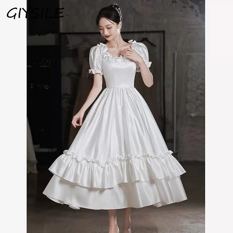 Puff Sleeve Ruffled White Satin Wedding Dress Tea-Length A-Line Lace-Up Back Elegant Bridal Gown for Women Retro Evening Dresses