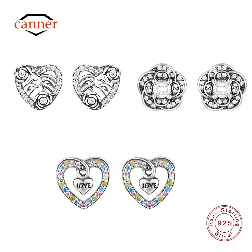 

CANNER Real 925 Sterling Silver Vintage Double Heart Stud Earrings For Women Zircon 18K Gold Love Minimalism Fine Jewelry Gift