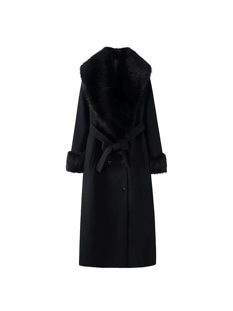 

Women New Slim Black Faux Fur Woolen Patchwork Women Long Coat Chic Belt Full Sleeve Button Female Outwea Coats