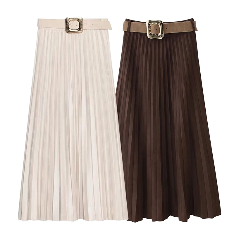 YENKYE Autumn Winter With Belt Faux Suede Long Skirt Women High Waist Pleated Elegant Skirts High Quality