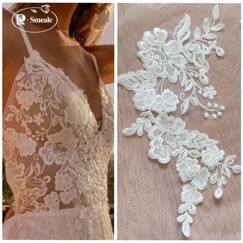 Gestickte Spitzenapplikation für Hochzeitskleider, Brautkopfschmuck-Accessoires, DIY Elfenbein-Patches, RS2735-2, 10 Stück, 5 Paare – Detail 2